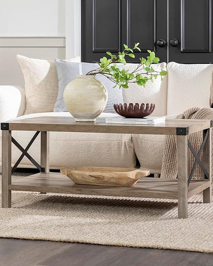 Walker Edison Sedalia Modern Farmhouse Metal X Coffee Table, 40 Inch, Grey Wash - LeafyLoom