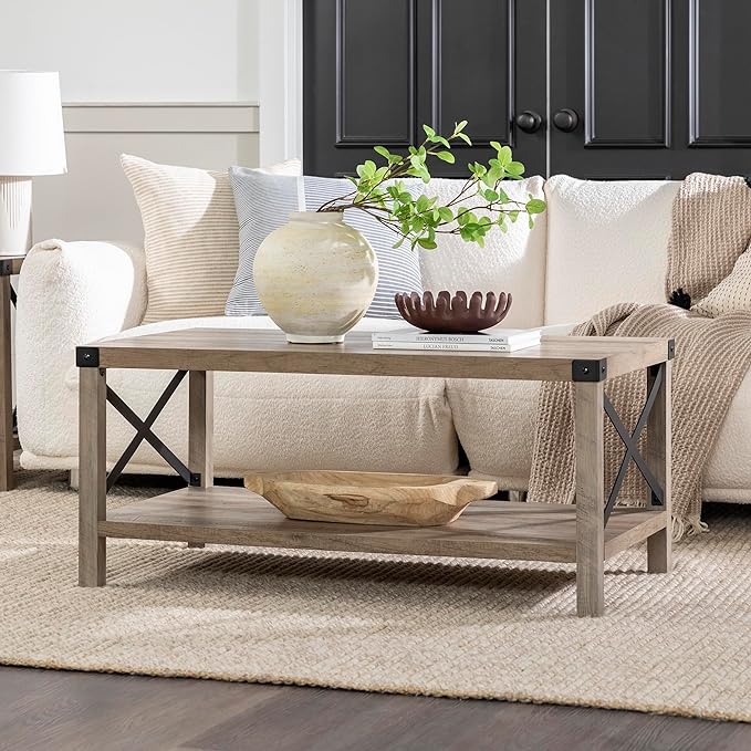 Walker Edison Sedalia Modern Farmhouse Metal X Coffee Table, 40 Inch, Grey Wash - LeafyLoom