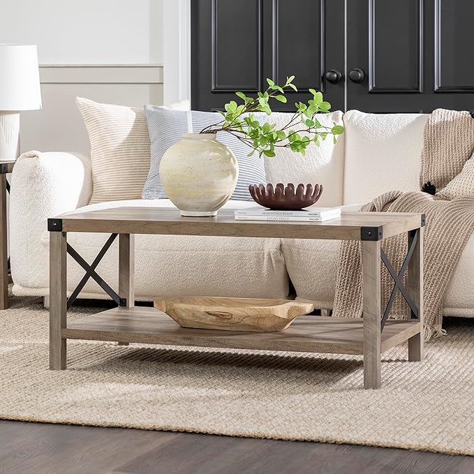 Walker Edison Georgetown Modern Farmhouse Double Barn Door TV Stand for TVs up to 80 Inches, 70 Inch, Grey Wash, Without Fireplace & Sedalia Modern Farmhouse Metal X Coffee Table, 40 Inch, Grey Wash - LeafyLoom
