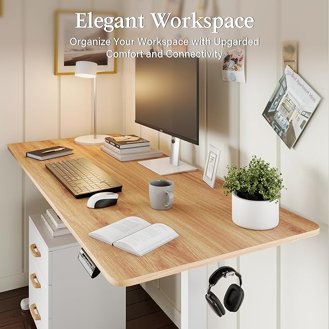 Monomi Electric Standing Desk, 71 x 31.5 inches Height Adjustable Desk, Ergonomic Home Office Sit Stand Up Desk with Memory Preset Controller (Natural Top/White Frame) - LeafyLoom