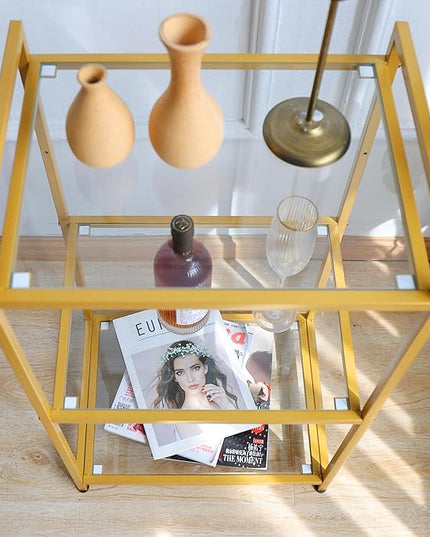 Bookcase, 3-Tier Gold Bookshelf, Slim Shelving Unit for Display Storage Bookshelf Corner Plant Bedroom, Bathroom, Home Office, Tempered Glass, Steel Frame,gold shelf (Gold, Three floors) - LeafyLoom