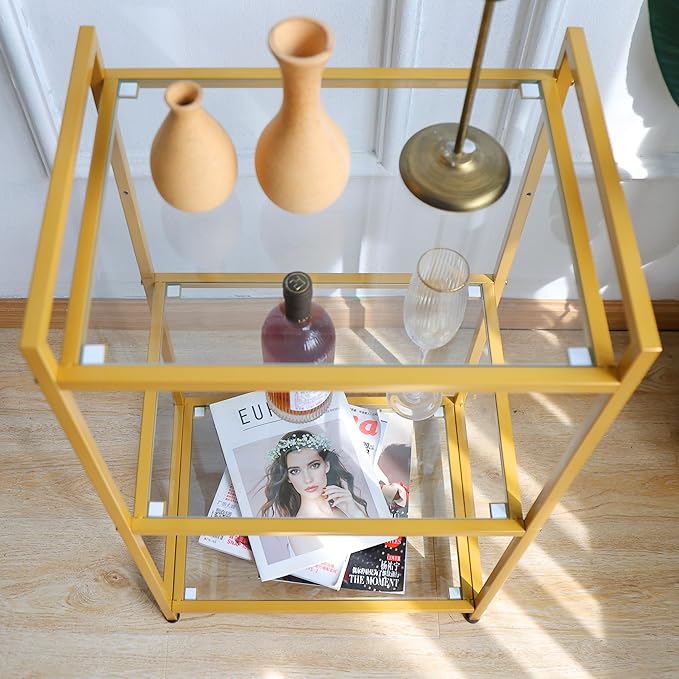 Bookcase, 3-Tier Gold Bookshelf, Slim Shelving Unit for Display Storage Bookshelf Corner Plant Bedroom, Bathroom, Home Office, Tempered Glass, Steel Frame,gold shelf (Gold, Three floors) - LeafyLoom