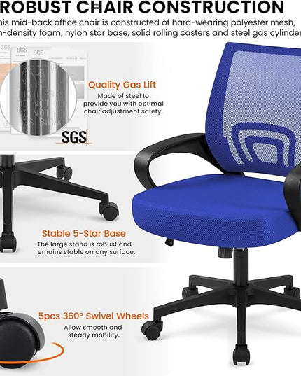 Yaheetech Office Computer Desk Chair Swivel Rolling, Cute Task Chair Ergonomic Conference Room, Mesh Work Study Chair Basic Comfy Desktop Chair with Wheels Arms, Blue - LeafyLoom