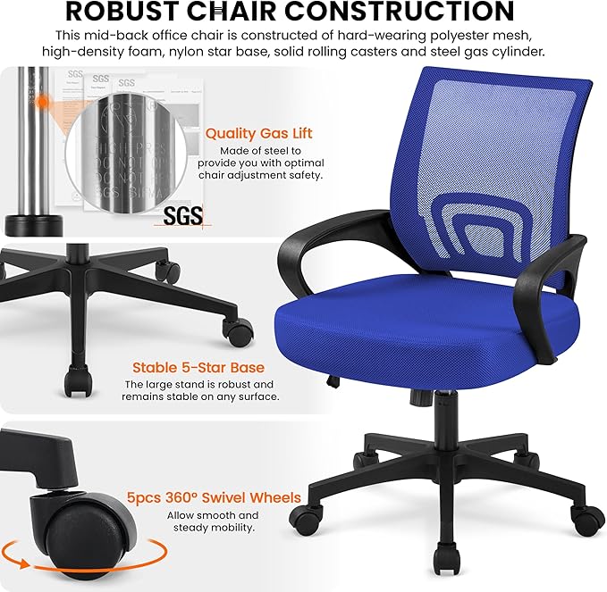 Yaheetech Office Computer Desk Chair Swivel Rolling, Cute Task Chair Ergonomic Conference Room, Mesh Work Study Chair Basic Comfy Desktop Chair with Wheels Arms, Blue - LeafyLoom