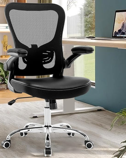 Office Chair, Ergonomic Desk Chair, PU Leather Padded Computer Chairs, Mesh Executive Chair with Lumbar Support Flip up Arms, Adjustable Height Home Task Swivel Rolling Chair,Black - LeafyLoom