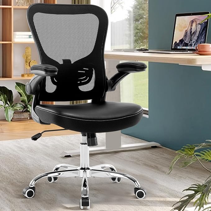 Office Chair, Ergonomic Desk Chair, PU Leather Padded Computer Chairs, Mesh Executive Chair with Lumbar Support Flip up Arms, Adjustable Height Home Task Swivel Rolling Chair,Black - LeafyLoom