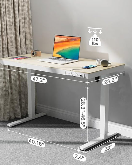 Electric Standing Desk with Drawers, Whole Piece 48 Inches Adjustable Height Desk, Modern Sit Stand Up Desk,Ergonomic Rising Desk for Home Office Workstation, Light Wood - LeafyLoom