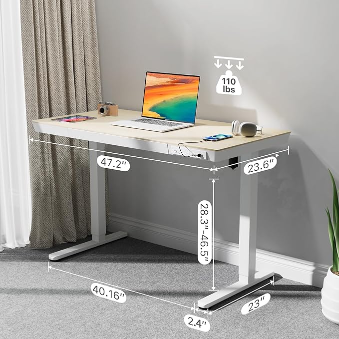 Electric Standing Desk with Drawers, Whole Piece 48 Inches Adjustable Height Desk, Modern Sit Stand Up Desk,Ergonomic Rising Desk for Home Office Workstation, Light Wood - LeafyLoom