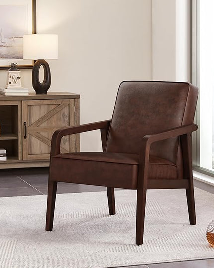 Yaheetech PU Leather Accent Chair, Mid-Century Modern Barrel Chair with Wooden Frame and Soft Thick Padded for Living Room Bedroom Home Office, Dark Brown - LeafyLoom