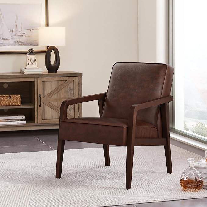 Yaheetech PU Leather Accent Chair, Mid-Century Modern Barrel Chair with Wooden Frame and Soft Thick Padded for Living Room Bedroom Home Office, Dark Brown - LeafyLoom