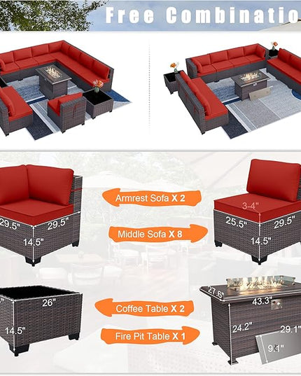 Patio Furniture Set with Fire Pit Table 13 PCS Outdoor Sectional Furniture Outdoor Rattan Patio Conversation Sets with 43in 55,000 BTU Propane Gas Fire Pit Table Glass Table, Red - LeafyLoom