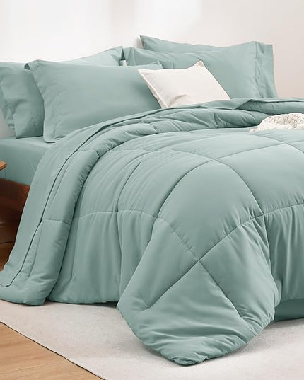 Bedsure Sage Green Queen Comforter Set - 7 Pieces Solid Queen Bed in a Bag, Queen Bed Set Sage Green with Quilted Warm Fluffy Comforters, Sheets, Pillowcases & Shams - LeafyLoom