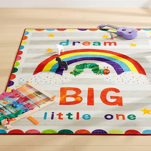 Eric Carle "The Very Hungry Caterpillar Elementary Dream Big Little One Kids Machine Washable Area Rug, White/Grey, 4'11"x6'6" - LeafyLoom