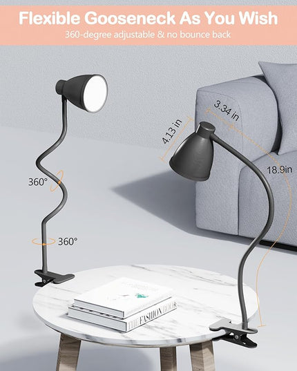 BOHON Desk Lamp 3 Color Modes 10 Brightness Dimmer Reading Light 10W 38 LED Clamp Lamp with Auto Off Timer 360° Flexible Gooseneck Clip on Light for Bed Bedside, AC Adapter Include - LeafyLoom