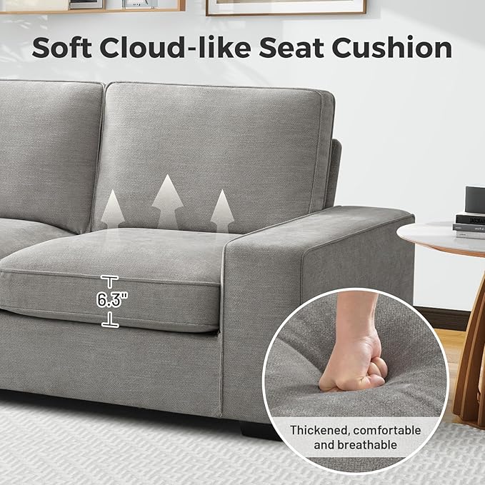 EASELAND Sofa Couch, 88" Chenille Loveseat for Living Room, 3 Seater Lounge Sofa for Bedroom with Removable Back and Seat Cushions, Modern Deep Seat Comfy Couch with Solid Wood Legs and Armrest (Grey) - LeafyLoom