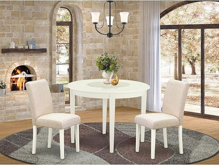 East West Furniture BOAB3-LWH-02 Boston 3 Piece Kitchen Set for Small Spaces Contains a Round Dining Room Table and 2 Light Beige Fabric Upholstered Chairs, Linen White, 42x42 Inch - LeafyLoom