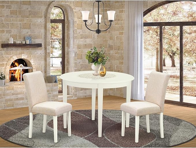 East West Furniture BOAB3-LWH-02 Boston 3 Piece Kitchen Set for Small Spaces Contains a Round Dining Room Table and 2 Light Beige Fabric Upholstered Chairs, Linen White, 42x42 Inch - LeafyLoom