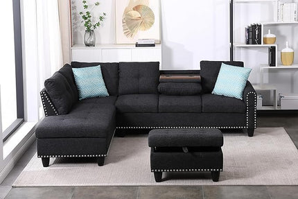 L Shape Modular Sectional Sofa with Cup Holders and Storage Ottoman,5-Seater Tufting Upholstered Corner Couch for Living Room,Apartment,Home Furniture Sets,Charcoal grey Left Chaise,98 Inch - LeafyLoom