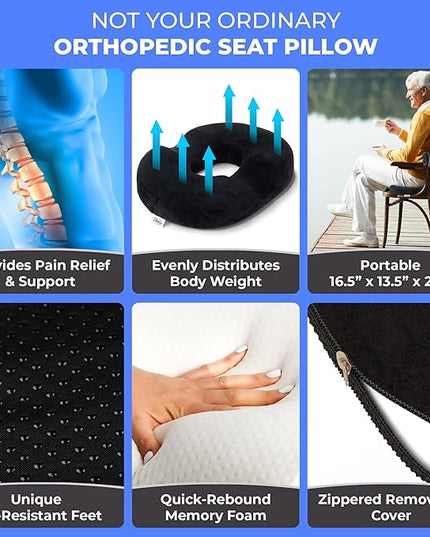 Donut Pillow, Tailbone Pain Relief, Hemorrhoid & Postpartum Cushion for Men and Women, Helps Ease Discomfort from Tailbone, Hemorrhoids, Pregnancy, Surgery (Up to 220 LBS) - LeafyLoom