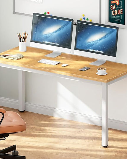 DlandHome 55 Inches Large Computer Desk, Composite Wood Board, Decent & Steady Home Office Desk/Workstation/Table, BS1-140TW Teak & White Legs, 1 Pack - LeafyLoom