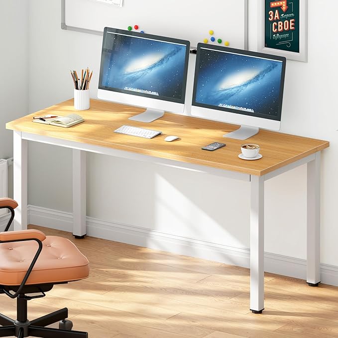 DlandHome 55 Inches Large Computer Desk, Composite Wood Board, Decent & Steady Home Office Desk/Workstation/Table, BS1-140TW Teak & White Legs, 1 Pack - LeafyLoom
