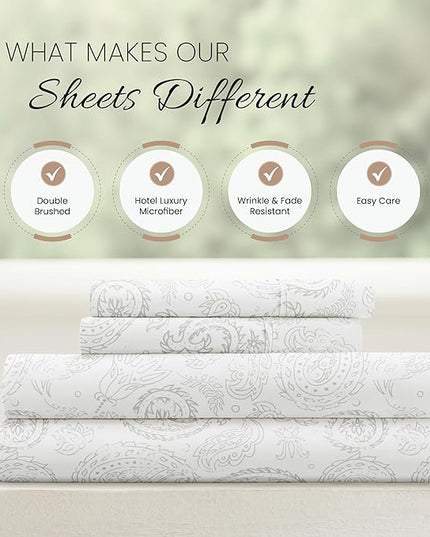 4 Piece California King Bedding Sheet Set (Gray Floral) - Sleep Better Than Ever with These Ultra-Soft & Cooling Bed Sheets for Your Cal King Size Bed - Deep Pocket Fits 16" Mattress - LeafyLoom
