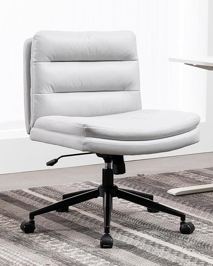 Armless Office Chair with Wheels Wide Desk Chair Leather Mid Back Accent Chair Padded Swivel Vanity Chair for Girl Women Computer Task Chair for Home Office (Suede Fabric, Light Grey) - LeafyLoom