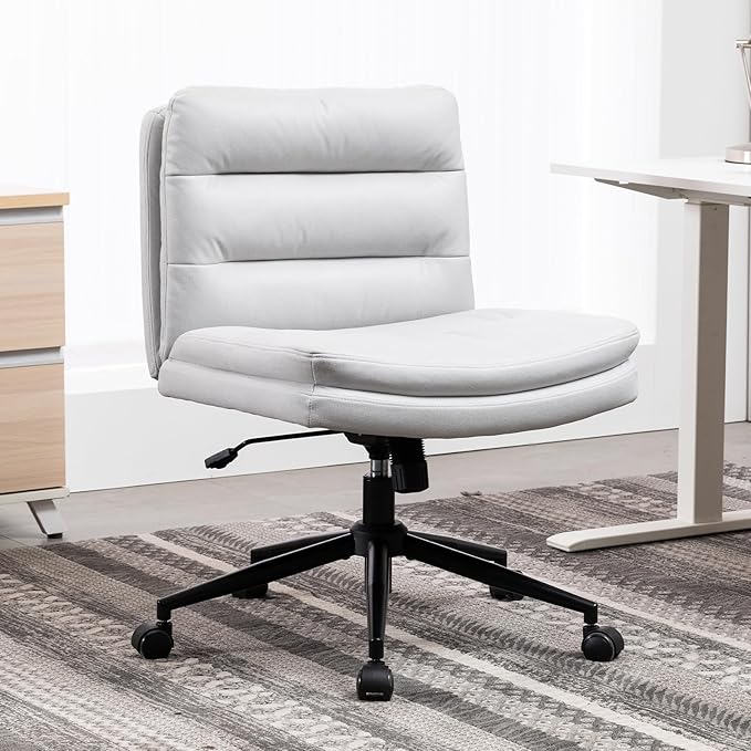 Armless Office Chair with Wheels Wide Desk Chair Leather Mid Back Accent Chair Padded Swivel Vanity Chair for Girl Women Computer Task Chair for Home Office (Suede Fabric, Light Grey) - LeafyLoom
