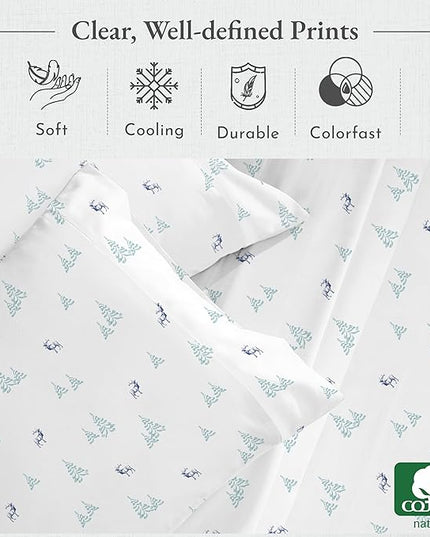 California Design Den Lodge Sheets Twin Size Printed Set, 400 Thread Count, 100% Cotton Sateen, 3 Pc Twin Size Sheets Set, Deep Pocket Sheets & Pillowcase Set - Lodge Camp - LeafyLoom