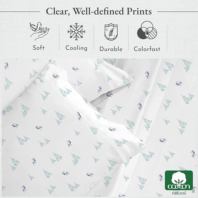 California Design Den Lodge Sheets Queen Size Printed Set, 400 Thread Count 100% Cotton Sateen 4 Pc Deep Pocket Queen Sheets & Pillowcase Set - Lodge Camp - LeafyLoom