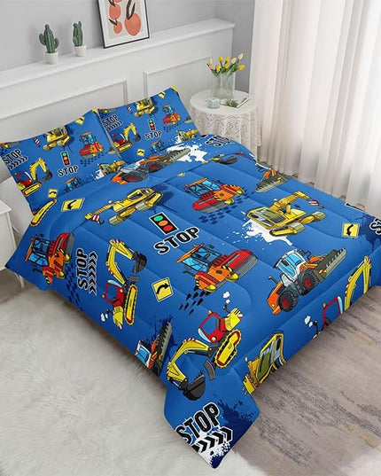 Axolotl Blue Excavator Bedding Queen,3Pcs Boys Construction Comforter Set,Cartoon Machinery Truck Bedding Set for Boys Kids Children Teens Bedroom Decor Cars Quilt Set with 1 Comforter 2 Pillowcase - LeafyLoom