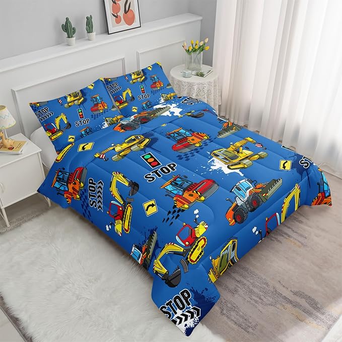 Axolotl Blue Excavator Bedding Full,3Pcs Boys Construction Comforter Set,Cartoon Machinery Truck Bedding Set for Boys Kids Children Teens Bedroom Decor Cars Quilt Set with 1 Comforter 2 Pillowcase - LeafyLoom