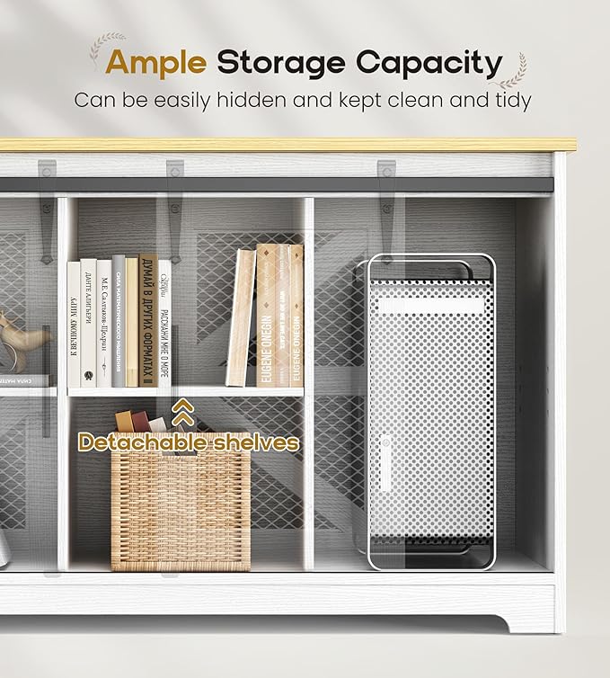 Rustic Corner Desk with Storage, L Shaped Farmhouse Office Desk with Sufficient Storage Capacity, Built-in Power Socket and Barn Door Design - LeafyLoom