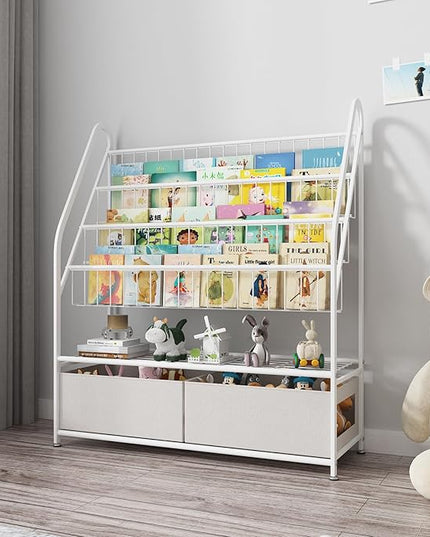 Large Kids Bookshelf With 2 Storage Box, 5 Tier Metal Kids Bookcases Children's Toy Storage Rack, Book Unit Storage Shelf for Playroom Bedroom Study Room, Idea Gifts for Boys and Girls KDSJ2305-White - LeafyLoom