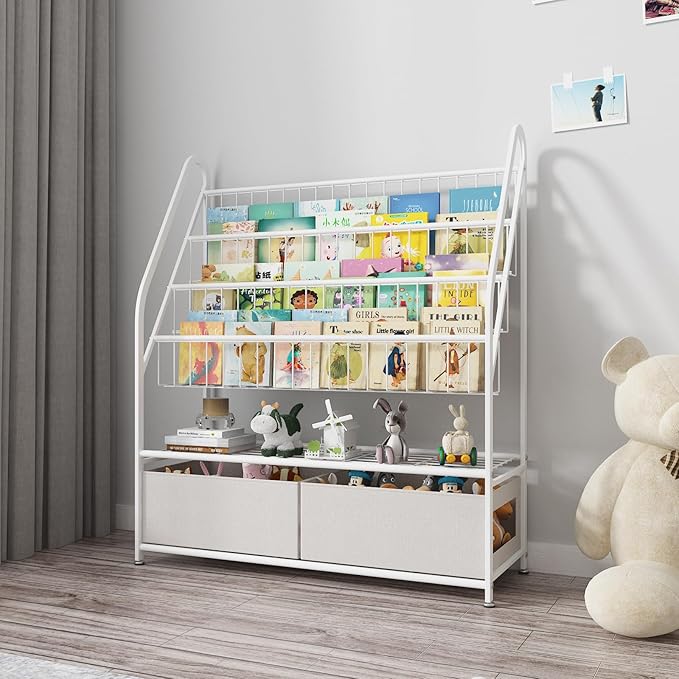 Large Kids Bookshelf With 2 Storage Box, 5 Tier Metal Kids Bookcases Children's Toy Storage Rack, Book Unit Storage Shelf for Playroom Bedroom Study Room, Idea Gifts for Boys and Girls KDSJ2305-White - LeafyLoom