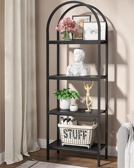 4-tier Arched Bookshelf, Tall Open Bookcase Storage Shelves, Wood Metal Freestanding Display Rack Tall Shelving Unit for Home Office, Bedroom, Living Room, Industrial Black - LeafyLoom