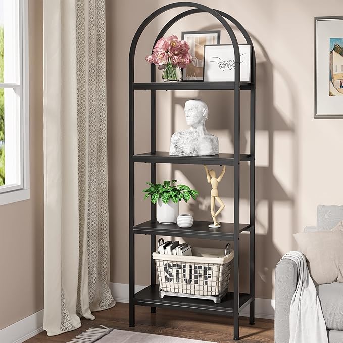 4-tier Arched Bookshelf, Tall Open Bookcase Storage Shelves, Wood Metal Freestanding Display Rack Tall Shelving Unit for Home Office, Bedroom, Living Room, Industrial Black - LeafyLoom