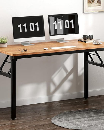 Need Home Office Desk 47 inches Folding Computer Table Workstation No Install, Teak and Black - LeafyLoom