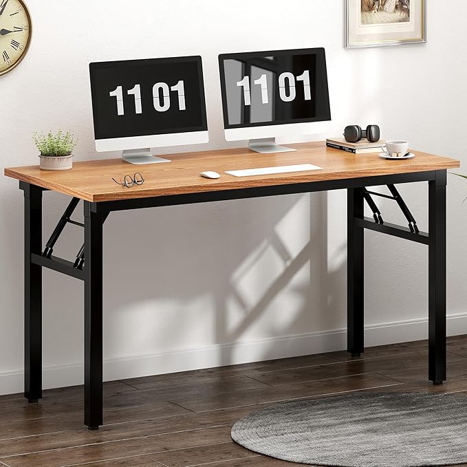Need Home Office Desk 47 inches Folding Computer Table Workstation No Install, Teak and Black - LeafyLoom
