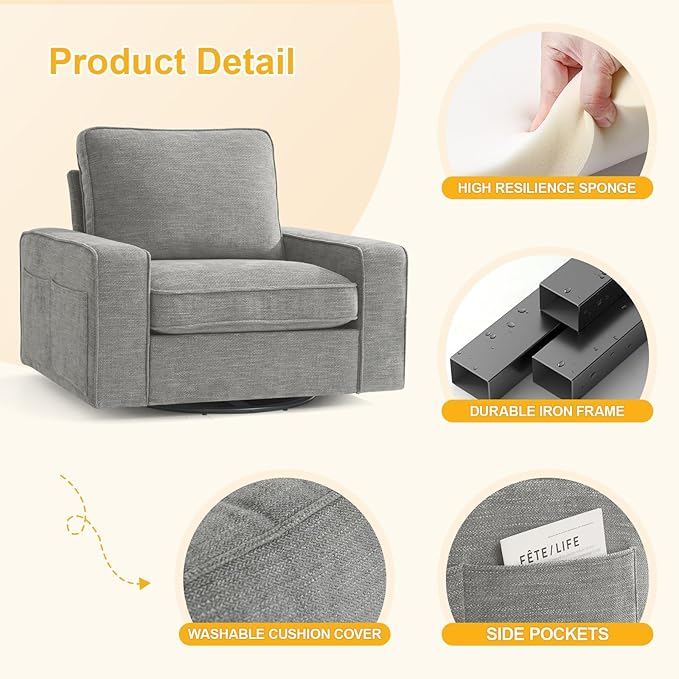 EASELAND Oversized Accent Chair, Reading Chair with Upholstered Chenille Fabric, Sofa Chair with Armrest, Single Sofa Chair for Living Room, Swivel Chair with Wooden Legs, Comfy Chair for Small Spaces - LeafyLoom