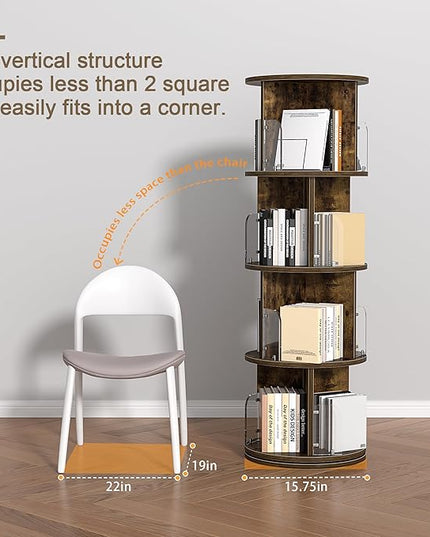 VECELO 4 Tier Revolving Bookshelf Tower, 360° Display Floor Standing Storage Rack with Acrylic Visible Window Partition for Bedroom, Living Room Home and Office, Brown - LeafyLoom