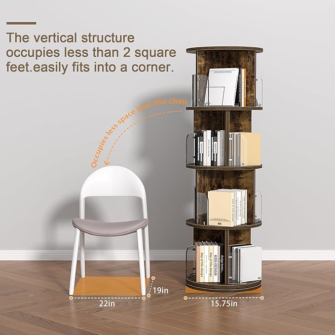 VECELO 4 Tier Revolving Bookshelf Tower, 360° Display Floor Standing Storage Rack with Acrylic Visible Window Partition for Bedroom, Living Room Home and Office, Brown - LeafyLoom