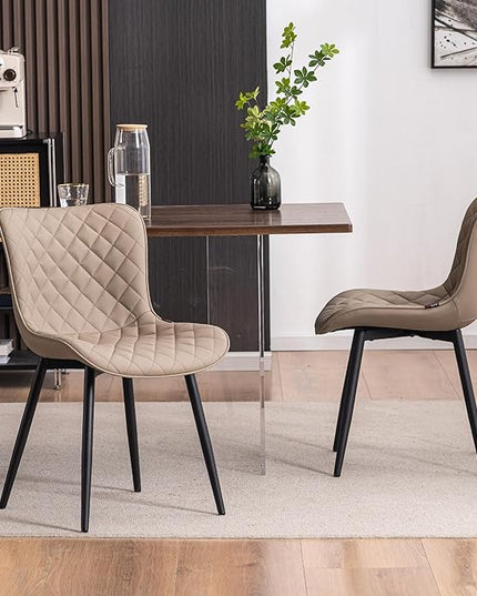 YOUTASTE Khaki Dining Chairs Set of 2 Mid Century Modern PU Leather Diamond Upholstered Accent Guest Dinner Chair with Back Metal Legs for Kitchen Living Reception Waiting Room - LeafyLoom