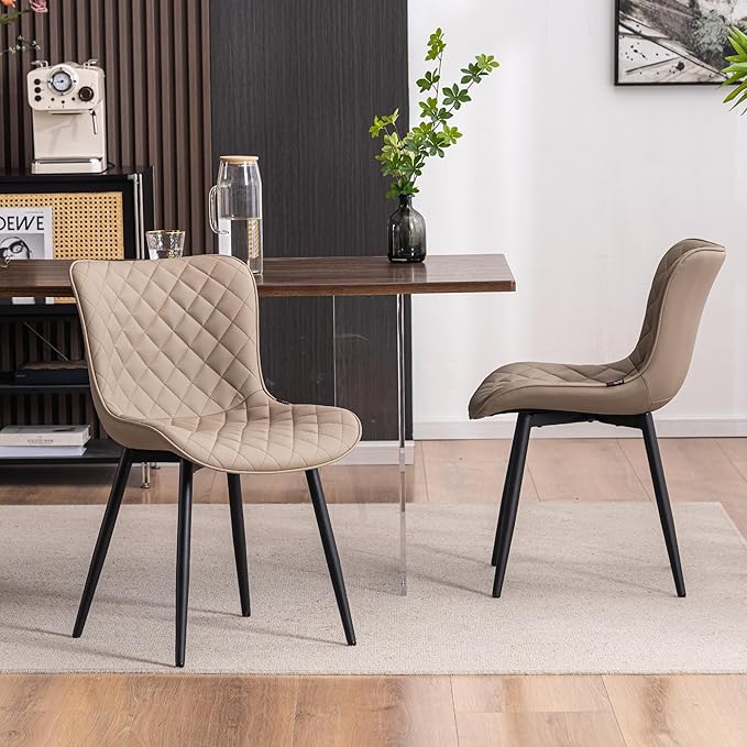 YOUTASTE Khaki Dining Chairs Set of 2 Mid Century Modern PU Leather Diamond Upholstered Accent Guest Dinner Chair with Back Metal Legs for Kitchen Living Reception Waiting Room - LeafyLoom
