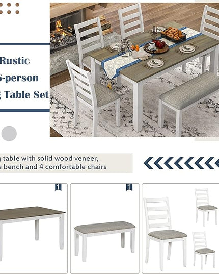 Kitchen Table and Chairs for 6, Rustic Style Dining Table Set, 6-Piece Rectangular Kitchen Table and 4 Upholstered Chairs & Bench for Dining Room, Living Room and Kitchen, Brown + Whitewash - LeafyLoom