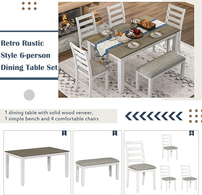 6-Piece Wooden Rectangular Dining Table Set with Bench and 4 Chairs for Kitchen Room Furniture, Rustic Style, Brown+Whitewash, 60" L x 36" W x 30" H - LeafyLoom