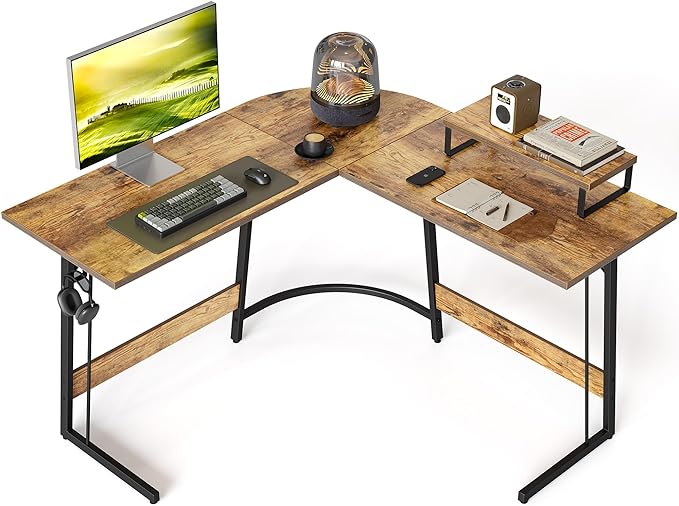 BANTI L Shaped Gaming Computer Office Desk, 47" Corner Desk with Monitor Stand for Home Office Study Writing Workstation,Deep Brown - LeafyLoom
