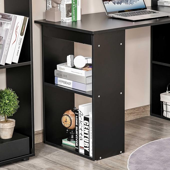 HOMCOM Modern Home Office Desk with 6-Tier Storage Shelves, 47" Writing Table with Bookshelf, Black - LeafyLoom