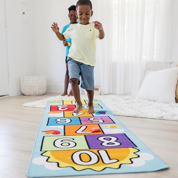 Melissa & Doug Hop & Count Hopscotch Rug (Play Space & Room Decor, Skid-Proof Backing, 27” H x 5.5” W x 5.5” L) - Classic Hopscotch Rug For Kids - LeafyLoom