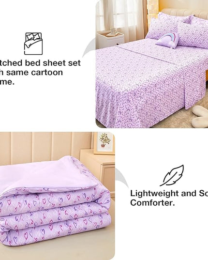 Mooreeke Full Size Comforter Sets for Girls Kids, 8 Pieces Bed in a Bag Purple Love Rainbow Bedding Comforter Sheet Set with Shams and Decorative Toy Pillow, Ultral Soft Microfiber Kids Bed Set - LeafyLoom
